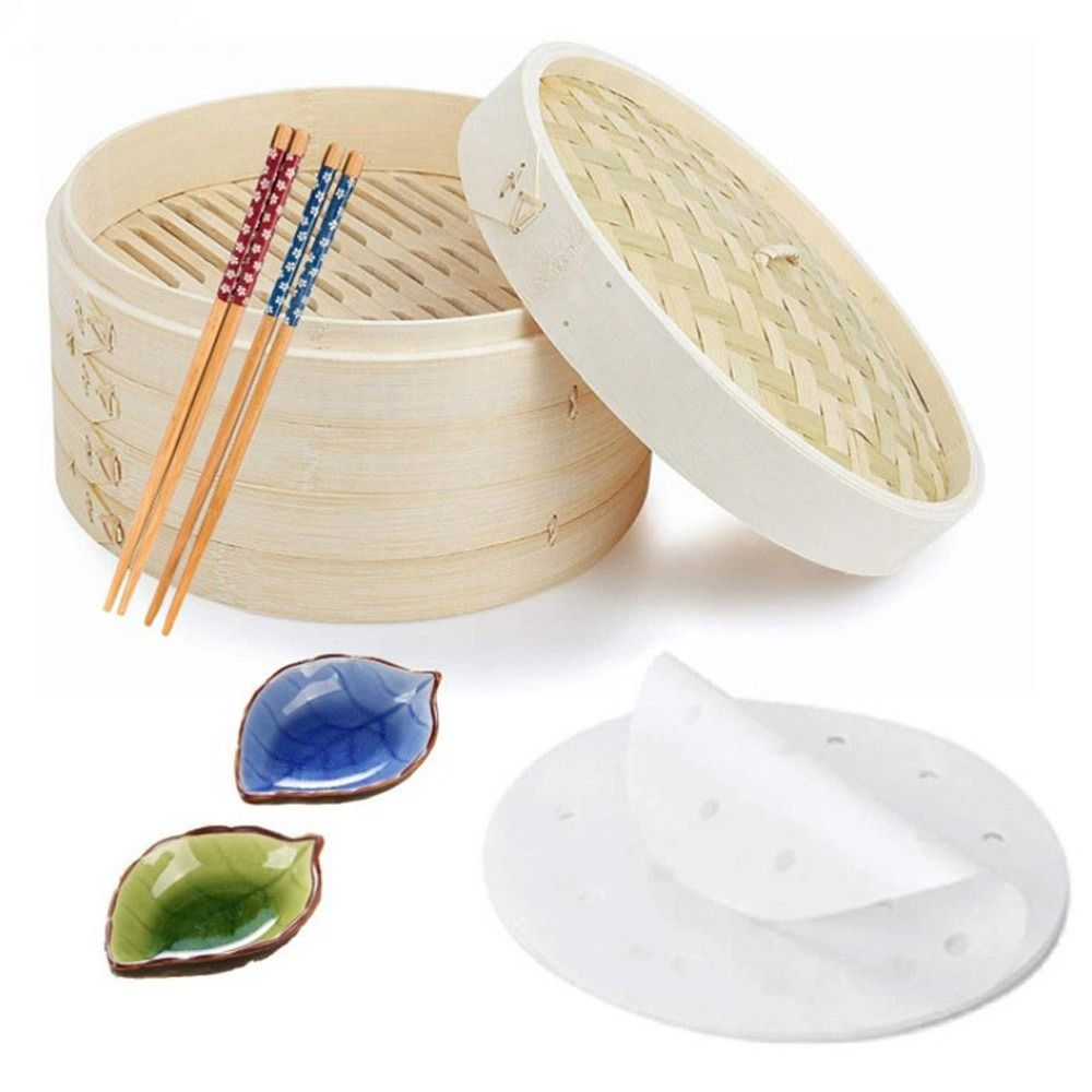 Bao Steamer Bamboo - Vaporiera Cinese in Bambù con Coperchio,